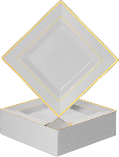 BloominGoods Plastic Disposable Square Dessert Plates | 50-Pack 6.5 inches White with Gold Rim Square Plates | Ideal for Weddings, Parties, Catering | Heavy Duty & Non Toxic