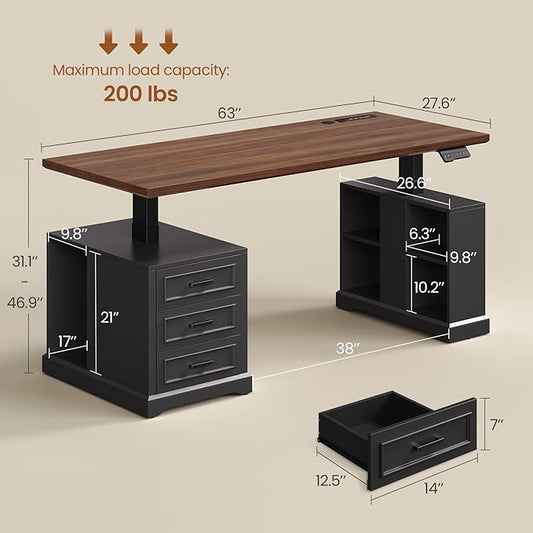 SEDETA Farmhouse Electric Standing Desk, 63" Height Adjustable Computer Desk with 3 Drawers, Storage Shelves, Power Outlets, Wood Home Office Stand up Desk for Work, Study, Writing, Black