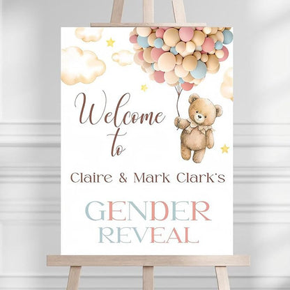 We can bearly wait Gender Reveal Welcome Sign, Brown Bear, Pink Blue Balloons