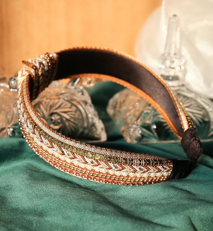 Women's Boho Knotted Sequin Pearls Headbands for Women Non Slip, Girls Top Knot Sparkly Wide Hair Accessories Christmas Gift (Boho Yellow Knot)