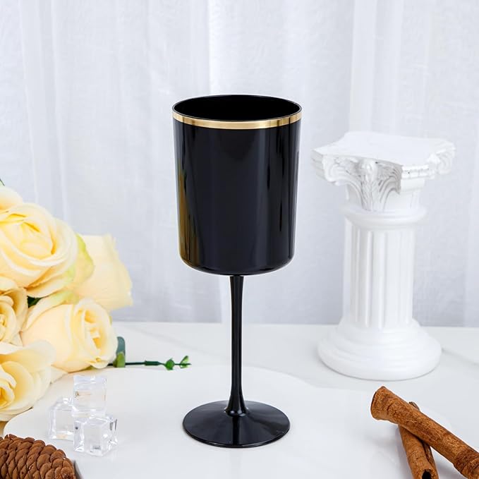 Ciaell 12 Pack 10 OZ Black Plastic Wine Glasses with Stem - Black and Gold Disposable Wine Glasses Perfect for Parties & Weddings & Toasting & Outdoors & Camping & New Year