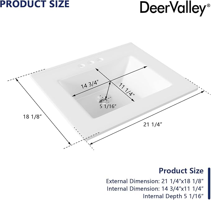DeerValley 21x18 Inch Rectangular Fireclay Drop-in Bathroom Sink, White Vessel Sink with Overflow, Modern Art Basin, DV-1DS0123