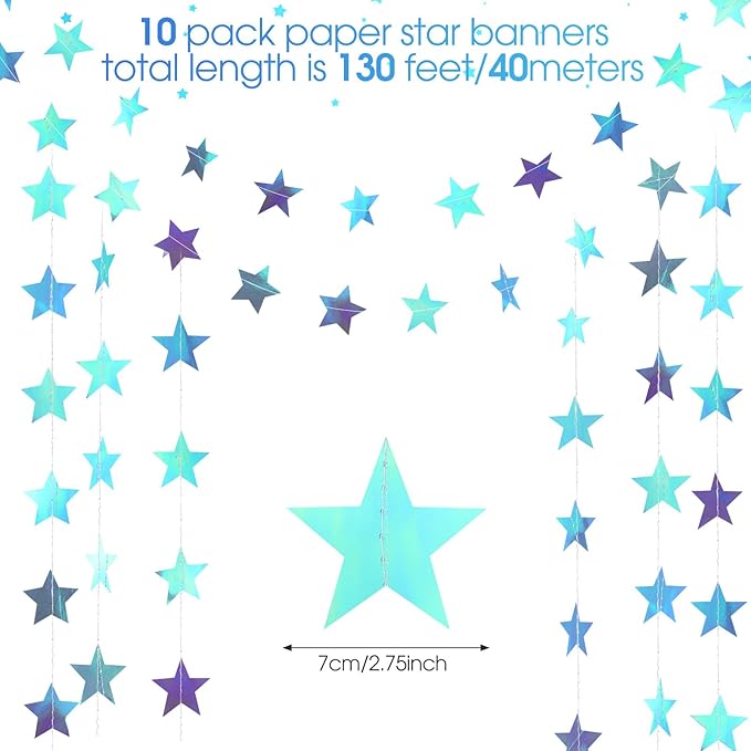 Patelai Glitter Star Garland Banner Christmas Decor 130 Feet Star Hanging Bunting Banner Twinkle Backdrop for Homecoming Classroom Wedding Birthday Halloween Party Supplies(Iridescent Blue)