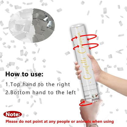 16" Silver & White Confetti Cannons - Party Poppers for Birthday Graduation Retirement Wedding New Year Celebrations - Easy to Use - Pack of 4