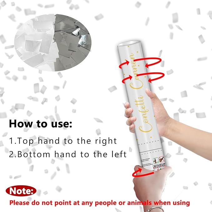 16" Silver & White Confetti Cannons - Party Poppers for Birthday Graduation Retirement Wedding New Year Celebrations - Easy to Use - Pack of 2