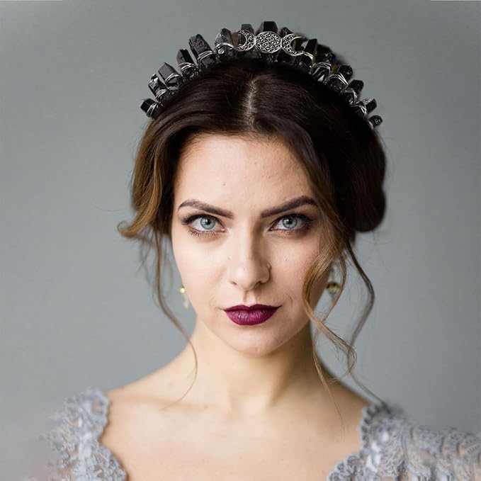 Raw Crystal Obsidian Tiara Headbands,Black Quartz Moon Goddess Crown Headpiece Costume Party Headwear for Women Girls