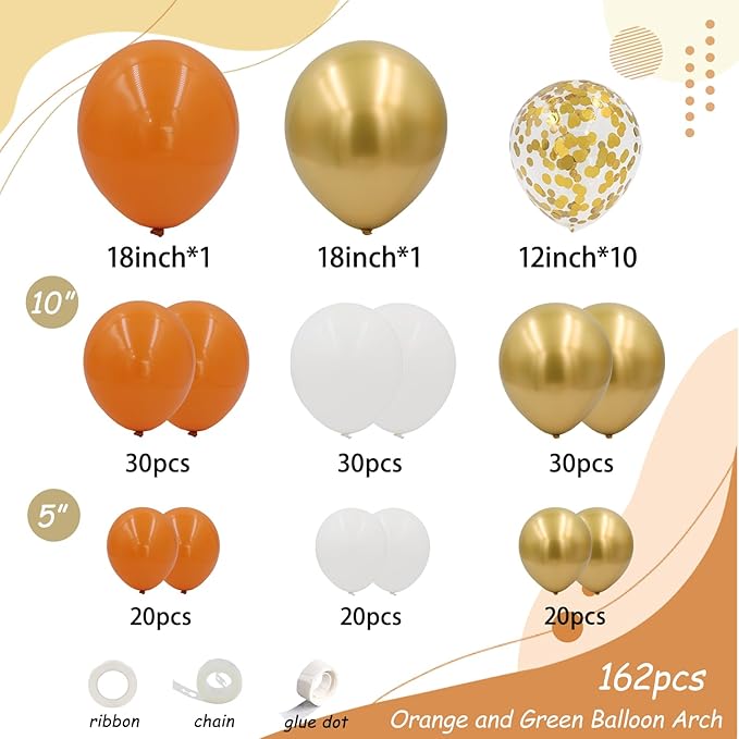 Orange and White Balloons Arch Kit, 162pcs Orange White Metallic Gold and Confetti Balloons for Fall Thanksgiving Baby Shower Halloween Anniversary Birthday Party Decorations