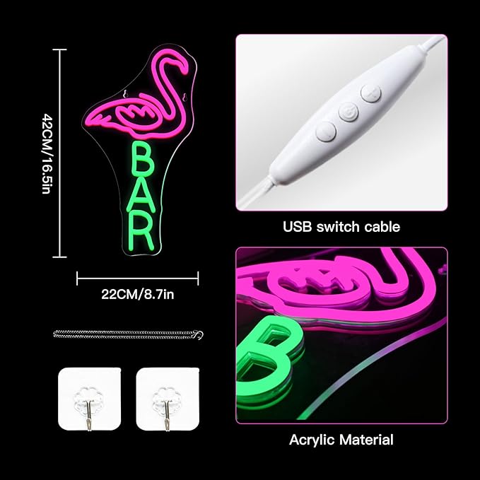 Lucunstar Flamingo Bar Neon Sign Bar LED Light Up Sign for Wall Decor Dimmable USB Powered Animal Neon Light for Wine LED Man Cave Art Signs Decor Gifts for Teens