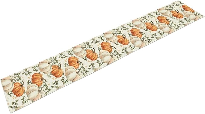 Fall Pumpkin Table Runner White Orange Vegetables Seeds Parsley Watercolor Hand-Painted Illustration Home Decor for Farmhouse Indoor Outdoor Party Holiday Dining Kitchen Restaurant Cafe W13xL120in
