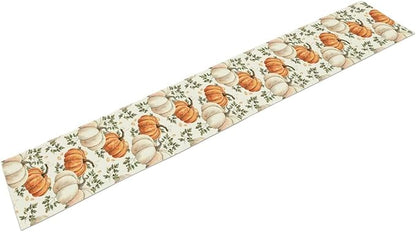Fall Pumpkin Table Runner White Orange Vegetables Seeds Parsley Watercolor Hand-Painted Illustration Home Decor for Farmhouse Indoor Outdoor Party Holiday Dining Kitchen Restaurant Cafe W13xL36in