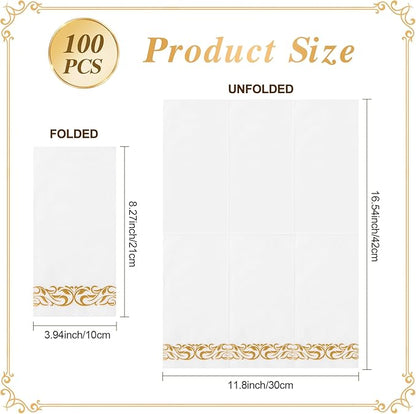 Goodluck 100-Pack Linen-Feel Disposable Guest Towels – Soft and Absorbent Paper Hand Towels for Bathroom or Kitchen – Elegant White Napkins with Gold Design for Parties, Weddings, Dinners Events