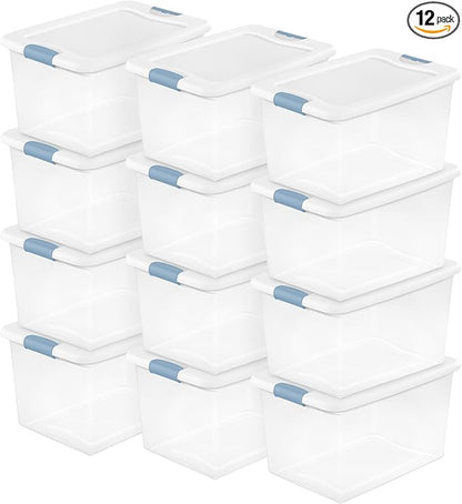 Sterilite 12 Pack Latching Box, Under Bed Storage Bins with Lids, Clear Plastic, 64 Quart - Heavy-Duty Organizing Containers for Closet, Bathroom, and Office