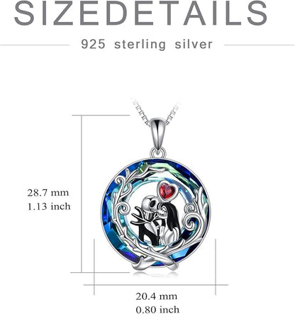 LILALO Christmas Gifts Nightmare Necklace Sterling Silver Abalone Shell Crystal Jack and Sally Necklace Jack Skellington Skull Jewelry Skull Necklaces for Women