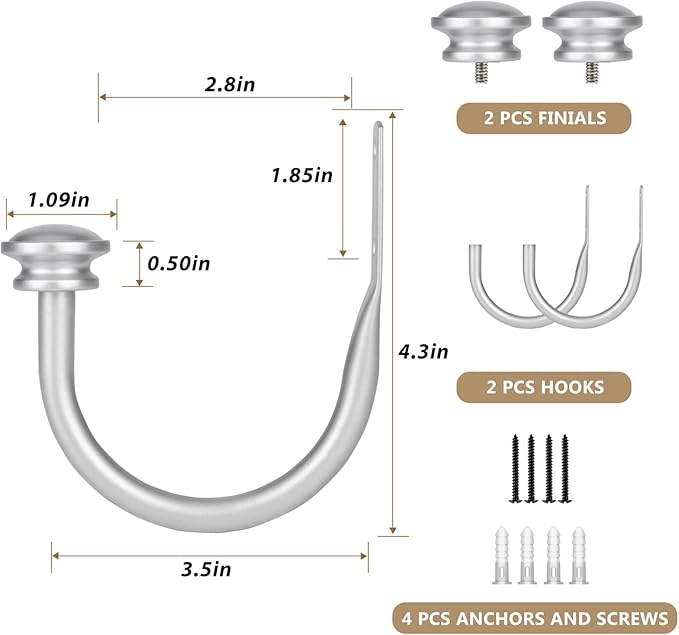 TONIAL Curtain Holdbacks 2 Pack, Decorative Window Drapery Tiebacks for Wall with Small Finials (1 Pair/2 Pack), Silver