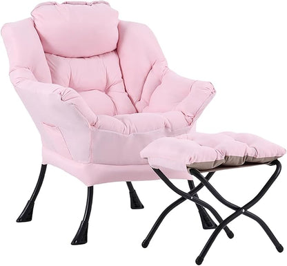 LITA Lazy Chair with Ottoman, Modern Accent Leisure Upholstered Sofa, Contemporary Lounge Reading Chair with Armrests and a Side Pocket for Living Room, Bedroom & Small Space, Pink