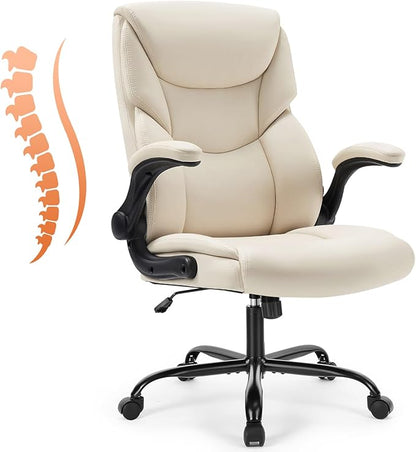 Sweetcrispy Ergonomic Computer Gaming Office Chair Set of 2, Heavy Duty Task Desk Swivel Rolling Chairs with Wheels, Flip-up Arms, Adjustable Height, PU Leather,Cream White