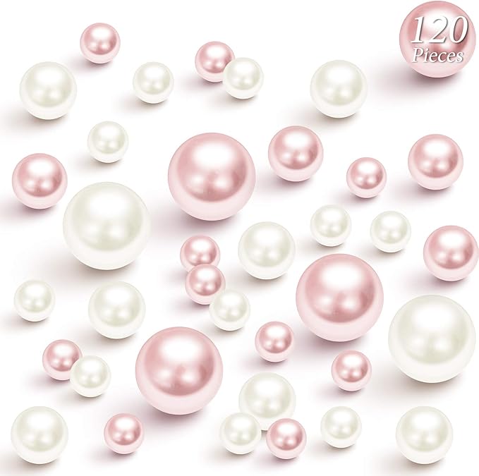Hicarer 120 Pieces Pearl for Vase Filler Pearl Bead Vase Centerpieces Brush Holder Assorted Round Faux Bead for Crafting, Home Wedding Table Decor 14/20/30 mm(Creamy White, Light Pink)