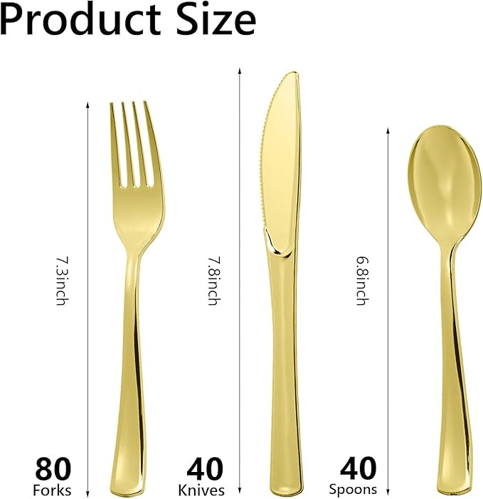 160pcs Gold Plastic Silverware Set, include 80 Forks, 40 Knives and 40 Spoons, Disposable Heavy Duty Plastic Cutlery Set for Party, Wedding, Birthday, Catering, Dinner