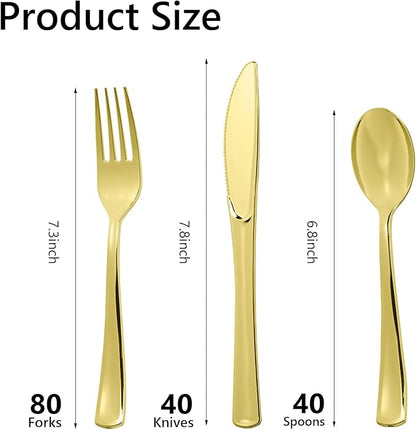 160pcs Gold Plastic Silverware Set, include 80 Forks, 40 Knives and 40 Spoons, Disposable Heavy Duty Plastic Cutlery Set for Party, Wedding, Birthday, Catering, Dinner