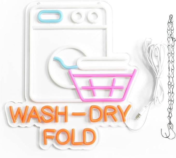 Wash Dry Fold Neon Sign LED Light Up Wall Decor for Laundry Room Home & Laundromat - USB Powered 12x14 Inch Hanging Decorative Lights Gift Idea