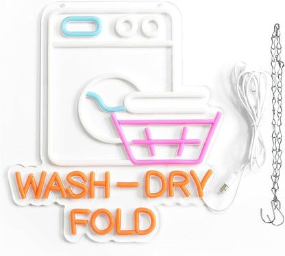 Wash Dry Fold Neon Sign LED Light Up Wall Decor for Laundry Room Home & Laundromat - USB Powered 12x14 Inch Hanging Decorative Lights Gift Idea