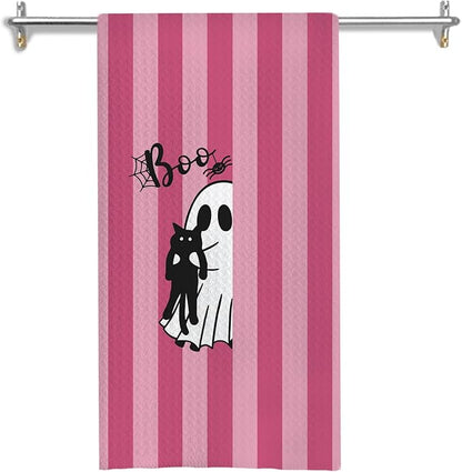 Black Cat Halloween Kitchen Towels, Cat Lover Mom Lady Gifts Dish Tea Towels for Kitchen Decor, Pink Striped Halloween Ghost Decorative Hand Towel for Bathroom, 16x24 Inches