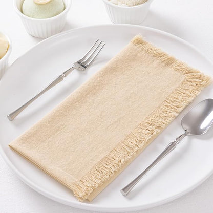 12 Pack Champagne Cotton Linen Napkins with Fringe Christmas Cloth Napkins Set of 12 Boho Handmade Holiday Napkins Bulk for Wedding Baby Shower Xmas Dinner Table Parties, 17 x 17 Inches