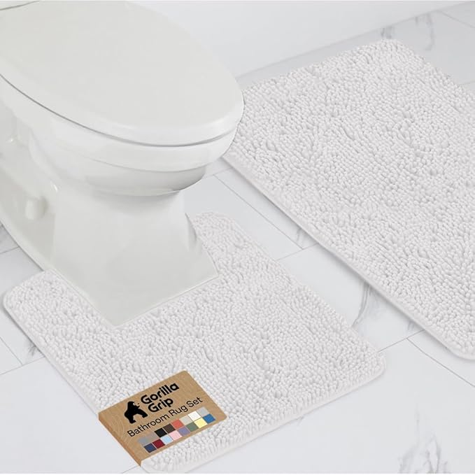 GORILLA GRIP Bathroom Rug Sets, Soft Chenille 2 Piece Area Rugs Set, Toilet Base Mat and 30x20 Carpet, Absorbent Microfiber Washable Mats Dry Quickly, Home Décor and Bath Room Accessories, White