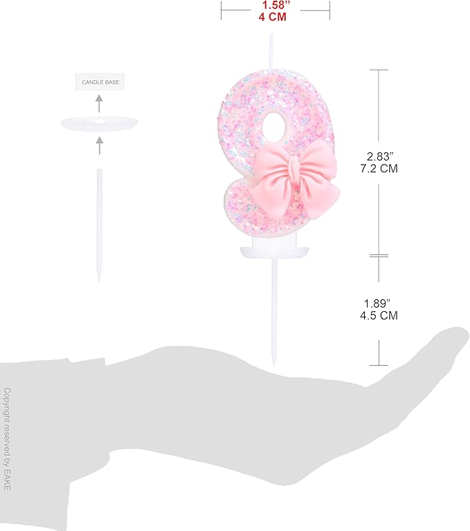 Number 9 Birthday Candle with Pink Sequins and Bowtie, Pink Number 9 Cake Topper Decoration for Girls Pastel Sweet Theme Birthday Party or Adults Milestone Age