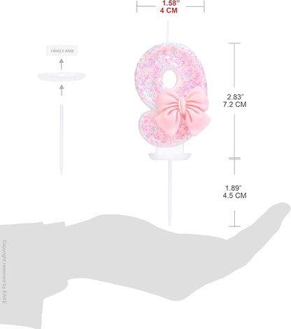 Number 9 Birthday Candle with Pink Sequins and Bowtie, Pink Number 9 Cake Topper Decoration for Girls Pastel Sweet Theme Birthday Party or Adults Milestone Age
