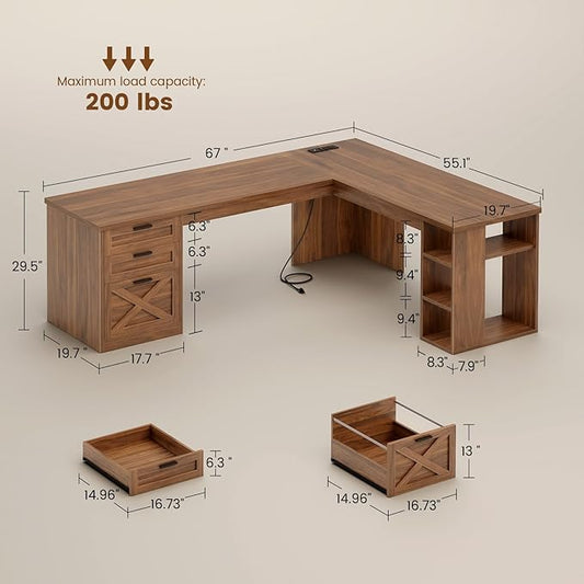 SEDETA 67" Farmhouse L Shaped Desk with 3 Drawers, Executive Home Office Desks with Storage Shelves, Corner Computer Desk with Power Outlets for Home Office, Brown