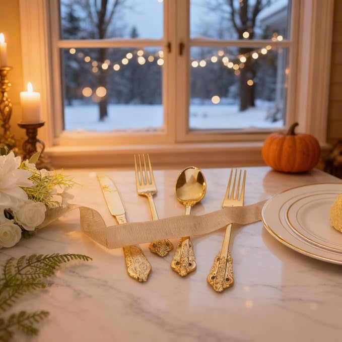 WDF 120PCS Gold Plastic Silverware - Heavy Duty Gold Plastic Cutlery Set Disposable Utensils - 40 Forks, 40 Spoons, 40 Knives, Perfect for Thanksgiving Party/Weeding and Daily Use