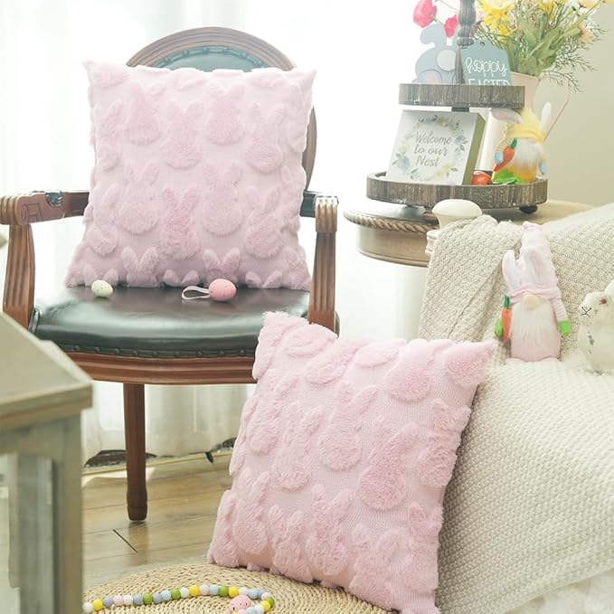 GEEORY Easter Bunny Soft Plush Pillow Covers, 18 x 18 Inch Set of 2, Fluffy Faux Fur Wool Decorative Farmhouse Cushion Case for Sofa Home Decoration Pink GC015-18