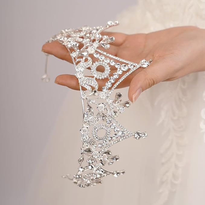 Wekicici Baroque Queen Crown Silver Crystal Tiara Rhinestone Princess Wedding Headband for Women Birthday Pageant Party(Silver)