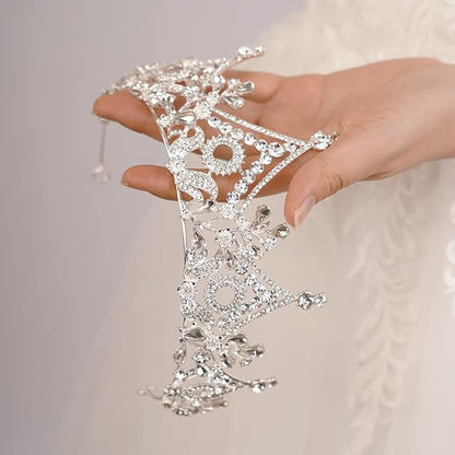 Wekicici Baroque Queen Crown Silver Crystal Tiara Rhinestone Princess Wedding Headband for Women Birthday Pageant Party(Silver)