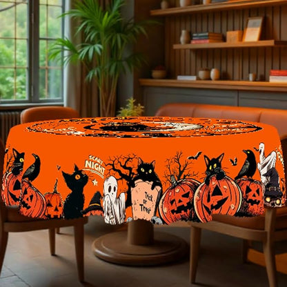 Eikione Round Tablecloth 60inch, Halloween Batcat Tablecloth Waterproof and Wrinkle-Free, Table Covers, Summer Decorations for Home Dining