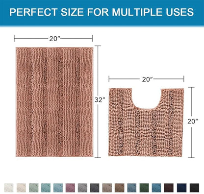 H.VERSAILTEX Bathroom Rugs Bath Rug Set 2 Piece Bathroom Contour Rug Toilet Mat Non Slip Contour Bath Rug Ultra Thick Water Absorbent Striped Bath Mats Washable(20" x 32" Plus 20" x 20" U, Muted Clay)
