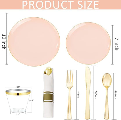 KIRE 175PCS Pink Plates Disposable - Heavy Duty Pink and Gold Plastic Plates Dinnerware Sets - 25 for Dinner 25 for Dessert 25 Pre Rolled Napkins 25Cups for Birthday Party/Wedding