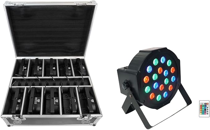 Rockville Battery PAR Pack 50 Black (10) Rechargeable RGB Wash Lights with Charging Case, 18 LEDs, RF Remote, DMX Control, 10-Hour Battery, for DJs and Event Lighting