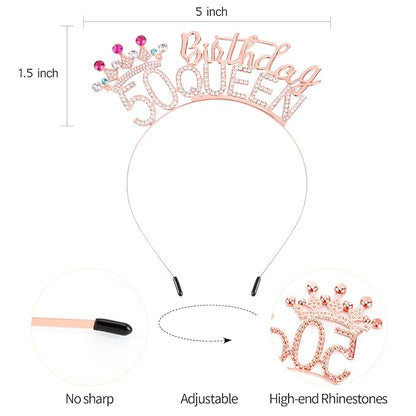 VELSCRUN 50th Birthday Queen Headband, Tiara Crown for Women, 50th Birthday Decorations for Her, Birth Queen Tiaras Crowns Sash for Women Mom Birth Party Decoration Hair Accessories Rose Gold