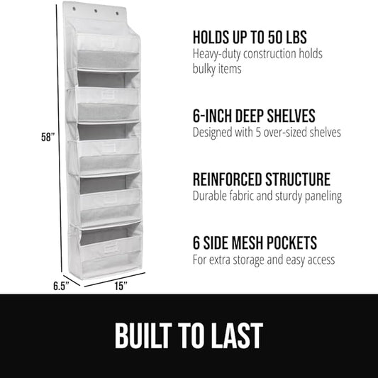 GORILLA GRIP Over The Door Organizer Storage, 5 Deep Hanging Shelves, Holds 50lbs, Closet Organizers Shelf for Bedroom, Shoes, Bathroom, Nursery, Dorm Essentials, 3 Metal Hooks, 58x15 Inches, White