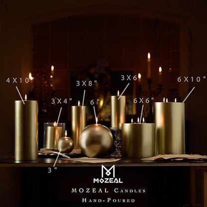 MOZEAL 4" x 10" Extra-Large Gold Pillar Candles (Set of 2), Unscented,Dripless, Smokeless,Long Clean-Burning,These Tall 10 inch Large Gold Pillar Candles Perfect for Weddings and Christmas Decor