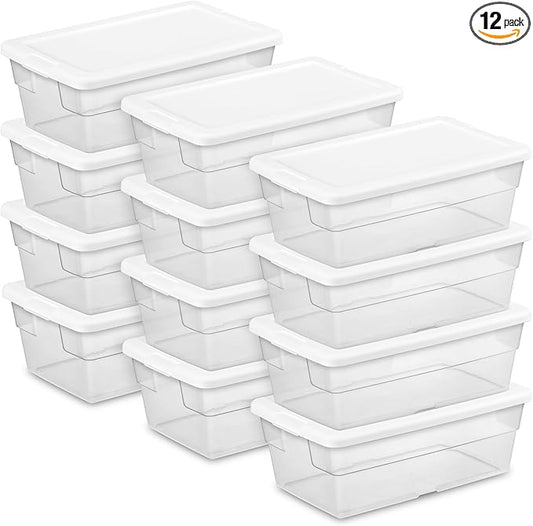 Sterilite 12-Pack 6 Quart Storage Boxes, Stackable Clear Plastic Bins with Snap-On Lids – Heavy-Duty Organizing Containers for Closet, Bathroom, and Office