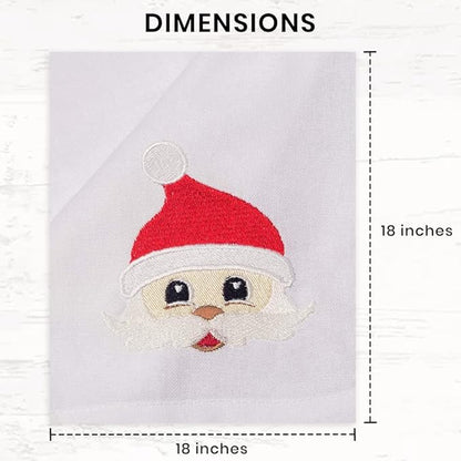 Christmas Cloth Napkins Dining Table Dinner Napkins|Washable Cotton Napkins Easter Basket Decor|Happy Santa Face Embroidered 18x18 in White Pk of 6 Cocktail Party Napkins