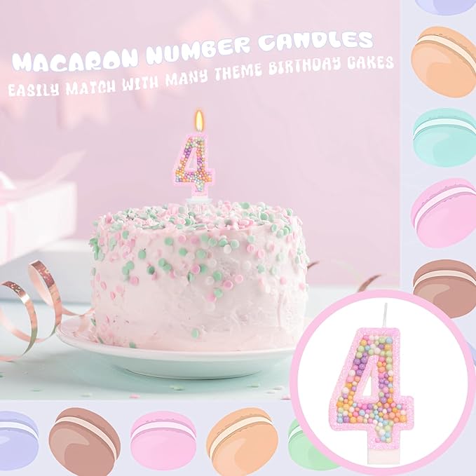 Birthday Candles for Girls - Number 4 Candle, Colorful Macaron Candles, 4 Cake Topper Cake Decorations, 4th Birthday Decorations for Girl, Theme Birthday Party Supplies (Pink)