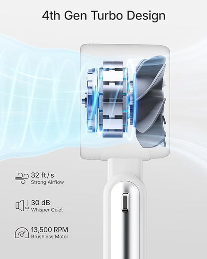 Portable Handheld Turbo Fan - 5 Gear High Speed 4000mAh Rechargeable Mini Personal Hand Fan Blow Cold Air, Battery Operated Travel Essentials, Beach Vacation, Gifts for Women, Men (White)