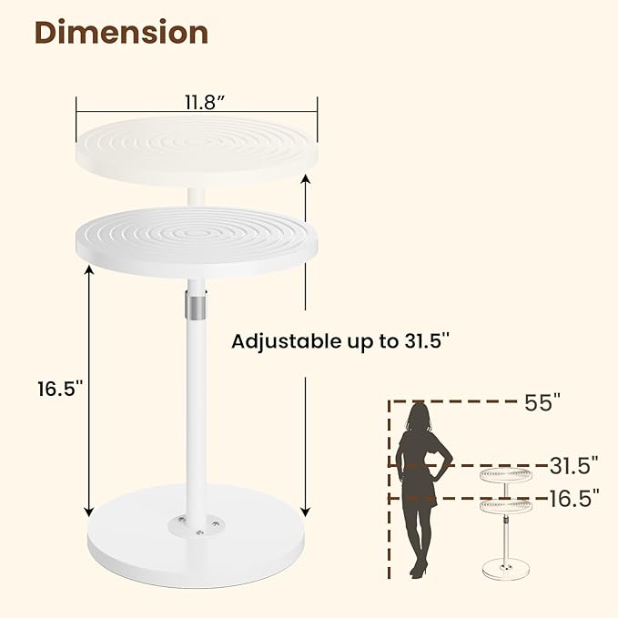 Round Side Table, Small Drink Table for Small Spaces, Adjustable-Height Pedestal Martini Table, Weighted Base Cocktail Stand for Living Room, Bedroom, Bathroom, Nursery, Office, White