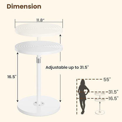 Round Side Table, Small Drink Table for Small Spaces, Adjustable-Height Pedestal Martini Table, Weighted Base Cocktail Stand for Living Room, Bedroom, Bathroom, Nursery, Office, White
