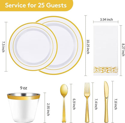 Goodluck 175 Piece Gold Dinnerware Set for 25 Guests, Plastic Plates Disposable for Party, Include: 25 Dinner Plates, 25 Dessert Plates, 25 Paper Napkins, 25 Cups, 25 Gold Silverware Set