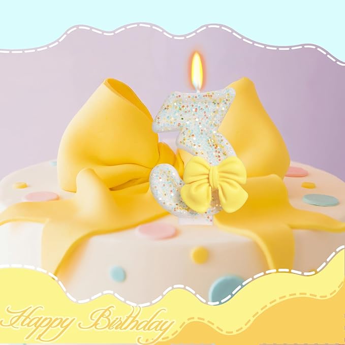 Birthday Candle for Cake, Yellow Bow Cake Candles, Cake Topper Decoration for Birthday Party (Number 3)